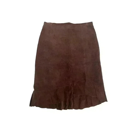 Vintage 100% Leather Suede Skirt 90s y2k Knee Ruffle Lined Slit GEORGIOU Studio - Picture 2 of 7